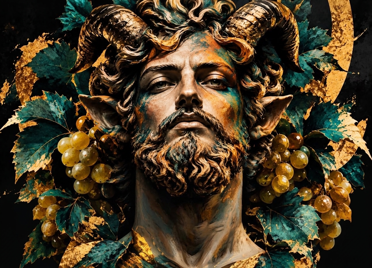Scultura del satiro circondata da foglie e grappoli d'uva